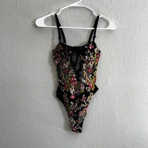 Floral Lace Mesh Bodysuit - Black with Pink & Green Embroidered Roses